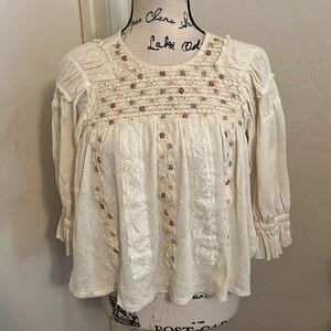 Free People New Romantics Cream Color Boho Embroidered Hi-Lo Semi Sheer Top